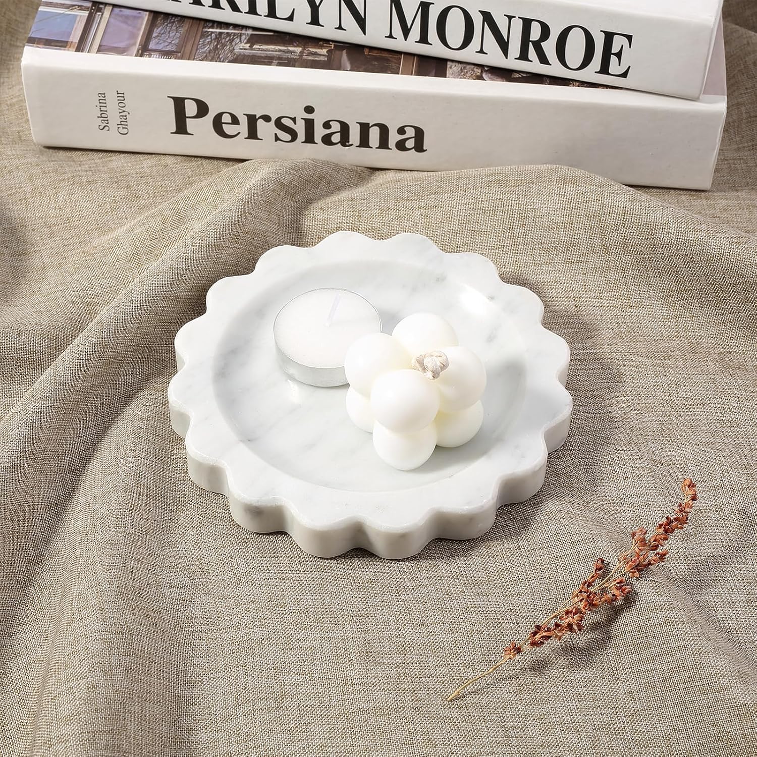 Koville 5.51" Scalloped Marble Tray, Round Stone Jewelry Trinket Dish for Ring, Natural Small Marble Tray for Bathroom Kitchen Dresser Countertop, Decorative Candle Tray(Bianco Carrara)