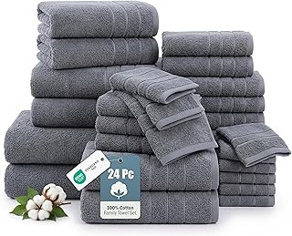 24-Piece Premium Towel Sets for Bathroom - 100% Cotton Bath Towels, 2 Bath Sheet, 2 Gym Towels, 2 Bath, 4 Fingertip, 6 Hand, 8 Washcloth, Hotel & Spa-Quality Design, Soft, Easy to Wash – Cool Grey