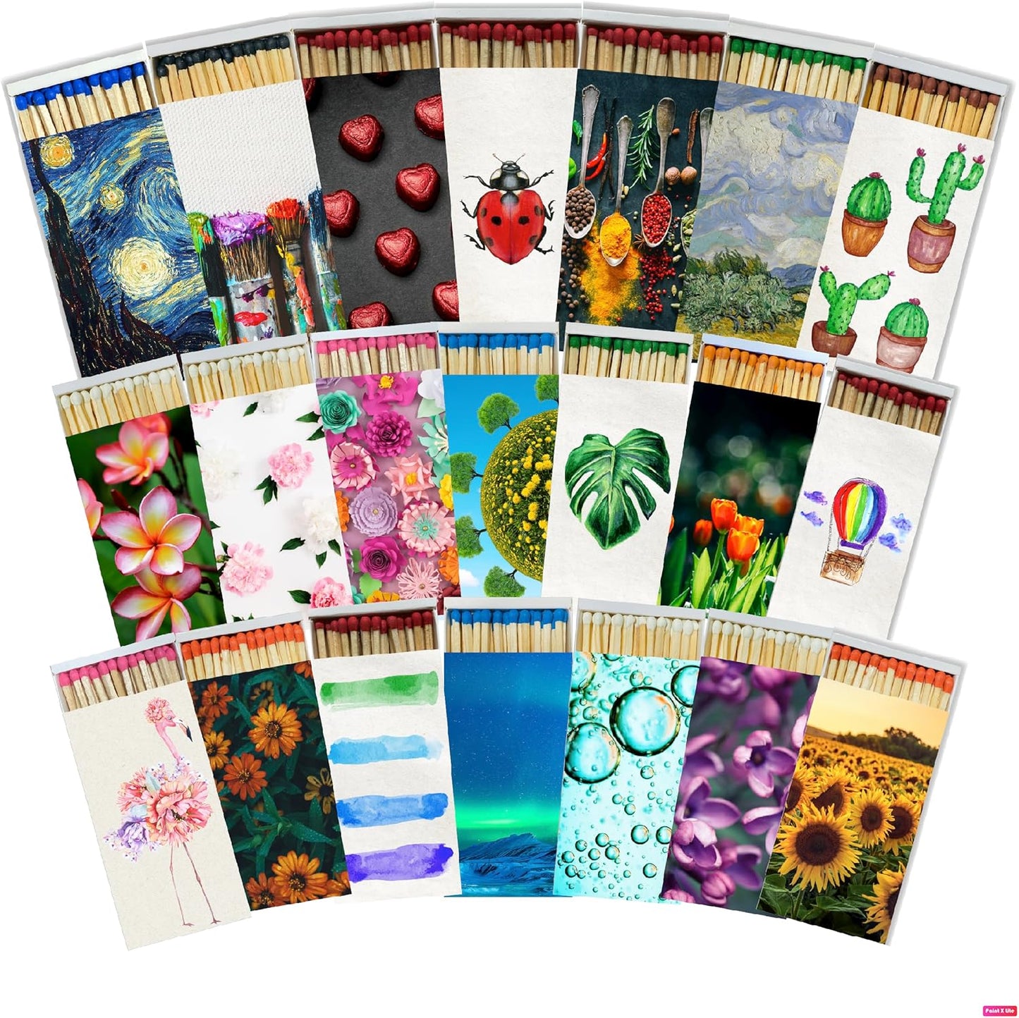 Matchbox Designs of Your Choice (8 Unique Box Designs with 4" Matches) | Decorative & Festive for Home Decor, Gifts, Accessories | Long Safety Matches (Made in Germany)