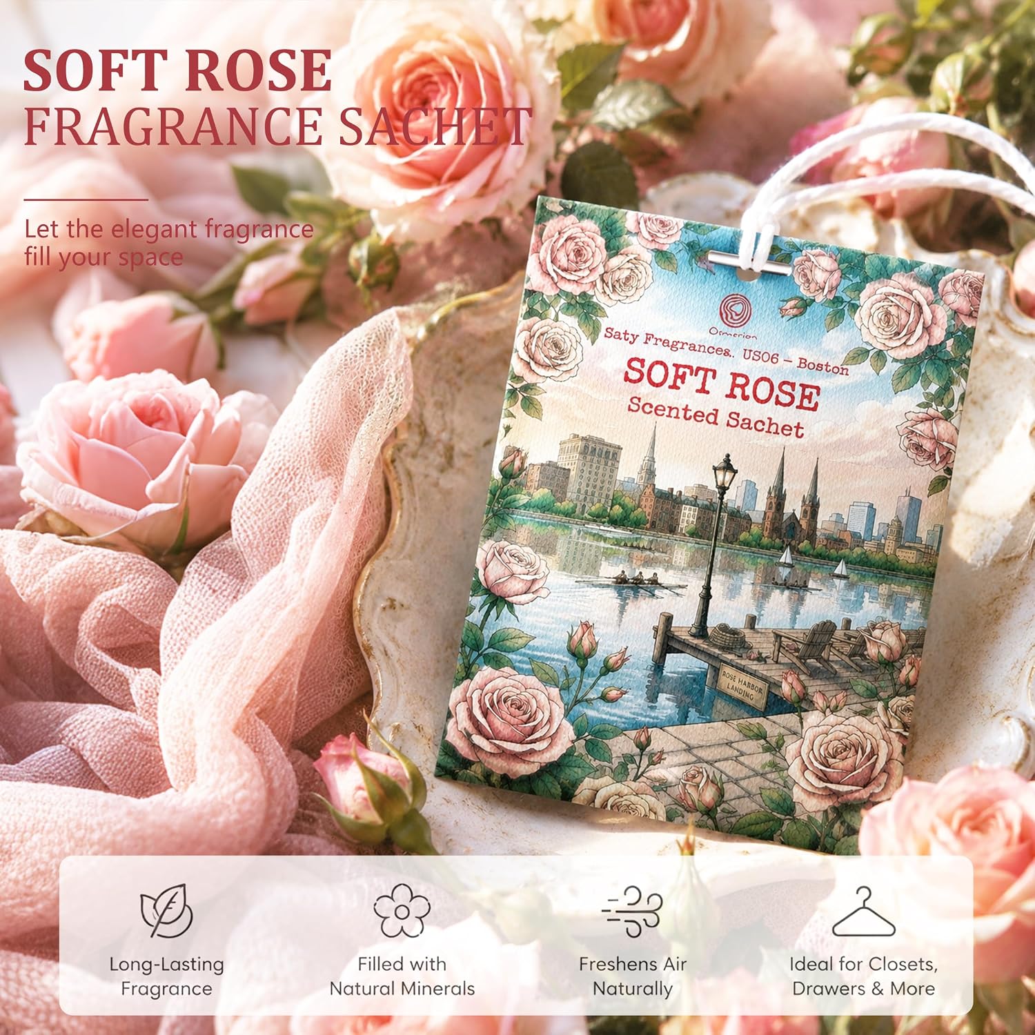 US06-Boston Soft Rose Sachets for Drawers, Closets & Cars, 12 Pack | Car Air Freshener sachets with Boston Soft Rose scent. Freshens closets, drawers, cars and small spaces.