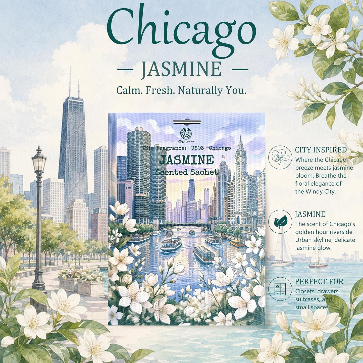 US03-Chicago Jasmine Scented Sachets for Drawers, Closets & Cars, 12 Pack | Car Air Freshener sachets with Chicago Jasmine scent. Freshens closets, drawers, cars and small spaces.