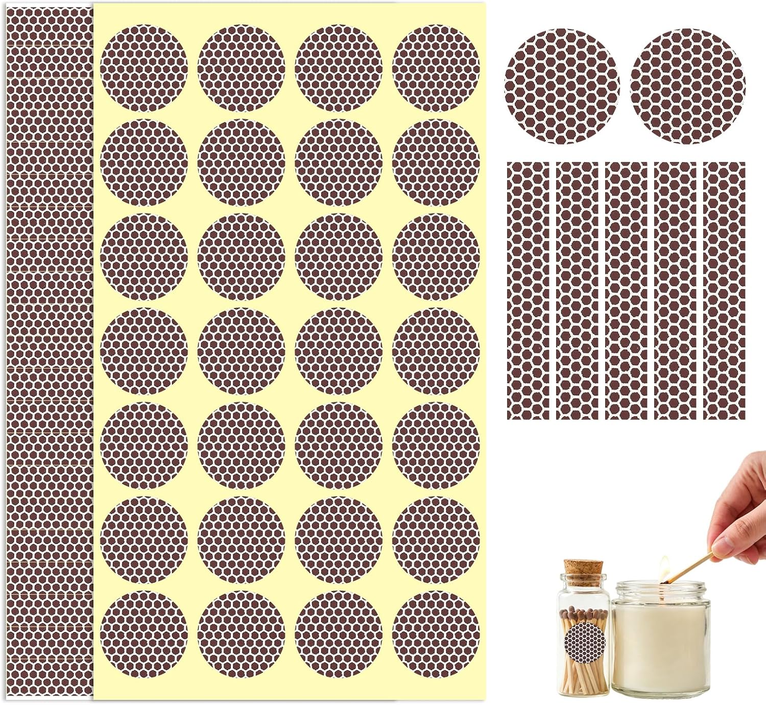 60 Pcs Match Striker Stickers, Match Striker Paper with Adhesive, Honeycomb Textured Surface for Instant Ignition, Multi-Surface Adhesion for Matchbox Replacement, Camping & DIY Crafts