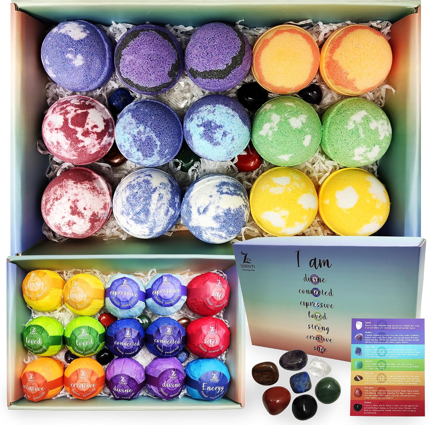 Chakra Healing Gemstones Bath Bombs. 15 Essential Oil Bath Bombs. Real Chakra Stones Bath Bombs for Adults. Perfect for Yoga Lovers. Meditation, Balancing, Positive Energy, Sleep, Reiki & Yoga Lovers