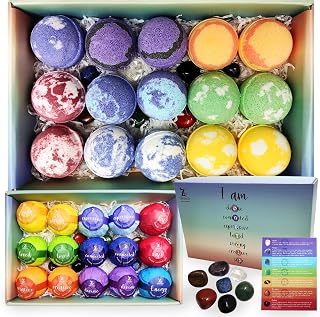 Chakra Healing Gemstones Bath Bombs. 15 Essential Oil Bath Bombs. Real Chakra Stones Bath Bombs for Adults. Perfect for Yoga Lovers. Meditation, Balancing, Positive Energy, Sleep, Reiki & Yoga Lovers
