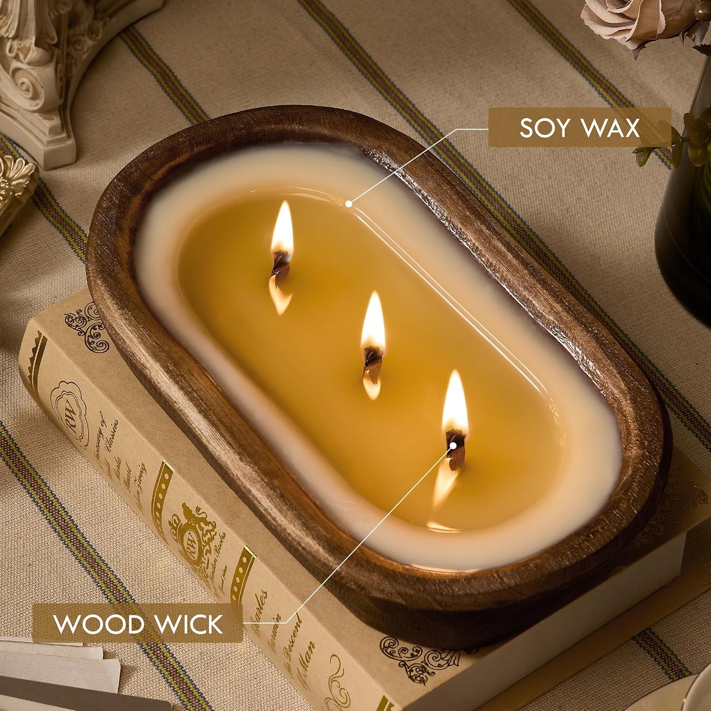 Woodronic 3 Wick Dough Bowl Candle, Vanilla Scented Sachet with White Wooden Bowl, 10 Inch Large Soy Wax Candle for Home Decor, Living Room, Bedroom, Perfect Gifts for Men & Women