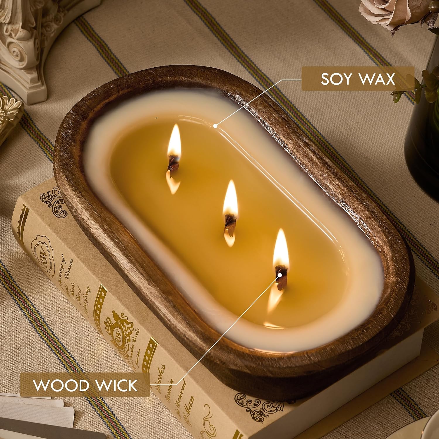 Woodronic 3 Wick Dough Bowl Candle, Vanilla Scented Sachet with White Wooden Bowl, 10 Inch Large Soy Wax Candle for Home Decor, Living Room, Bedroom, Perfect Gifts for Men & Women