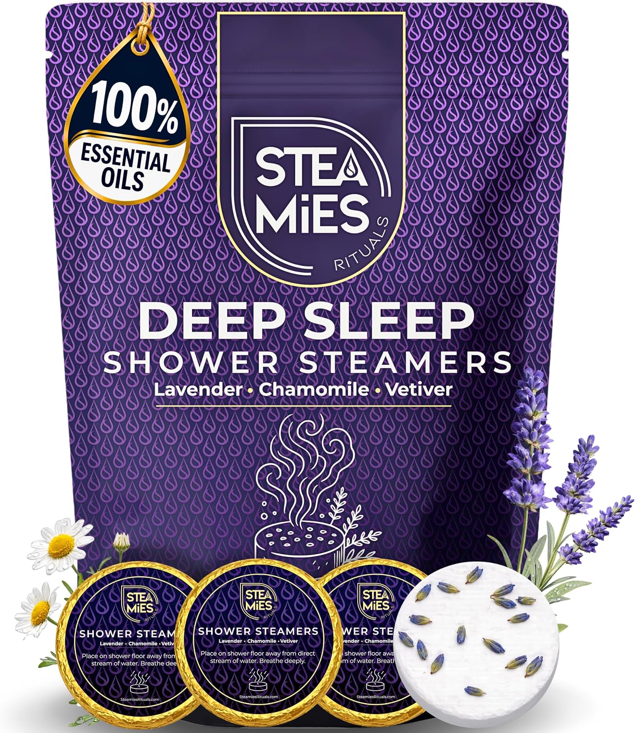STEAMIES Lavender Shower Steamers Aromatherapy Deep Sleep 15 Pack – Premium Shower Bombs with Chamomile & Vetiver 100% Essential Oils, Shower Tablets for Sleep, Relaxation & Stress Relief
