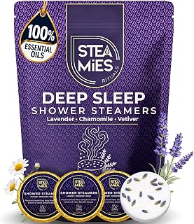 STEAMIES Lavender Shower Steamers Aromatherapy Deep Sleep 15 Pack – Premium Shower Bombs with Chamomile & Vetiver 100% Essential Oils, Shower Tablets for Sleep, Relaxation & Stress Relief