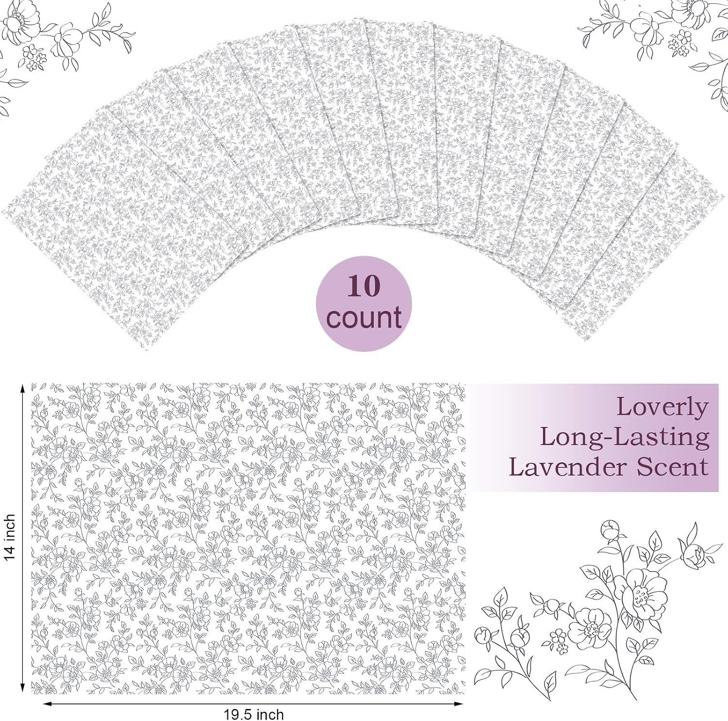 Gersoniel 10 Sheets Drawer Liners for Dresser Scented Drawer Liners Non Adhesive Scented Paper for Fragrant Home Shelf Closet(Lavender,Novel Style)