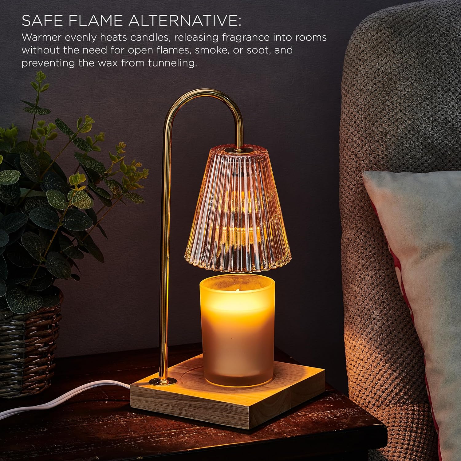 Mikasa Electric Candle Warmer with Amber Glass Shade - 13.8 Inch Lamp Warmer with Wooden Base, 50 Watt Halogen Bulb Included, Dimmer Switch, Safe Flameless Fragrance for Home Décor