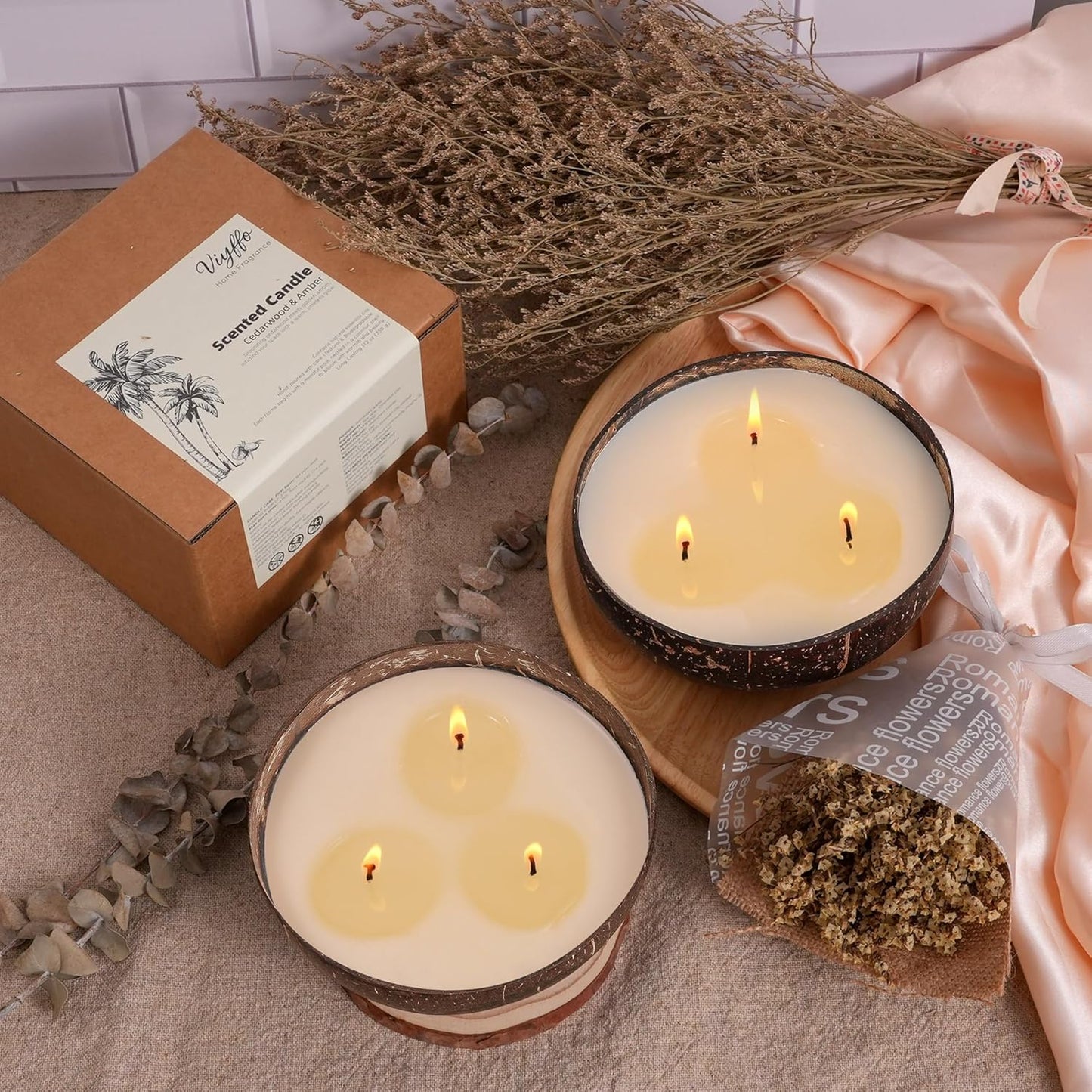 Viyffo 3 Wick 18oz Large Non Toxic Soy Candle - Cedarwood & Amber Scented Candle for Women & Men, Natural Coconut Shell Jar Perfect for Home Decor & Unique Nature Gift