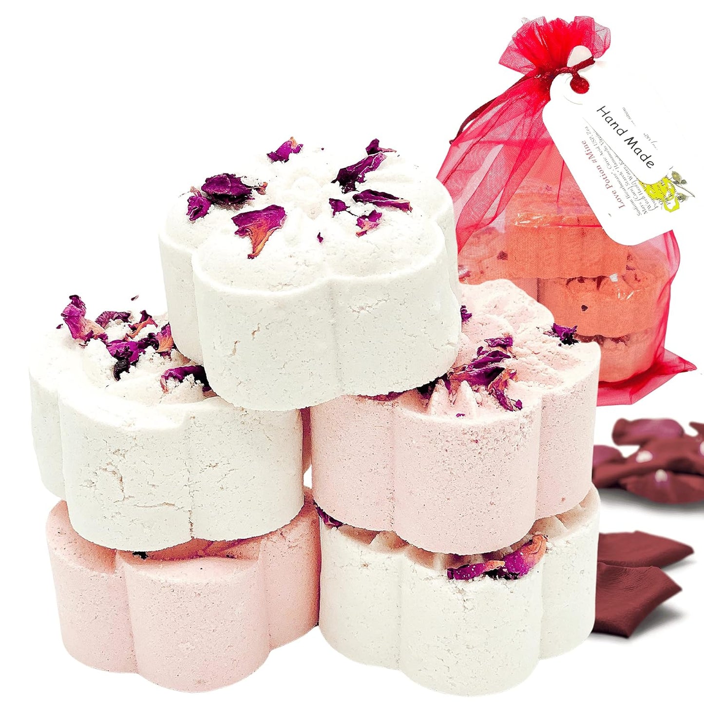 LOVE POTION #MINE Melting Shower Bombs w/Rose Petals (5PK) - Ylang Ylang, Jasmine, Vanilla Romance Essential Oil Blend – Christmas Gifts for Women – Self Care and Relaxation – Stress Relief