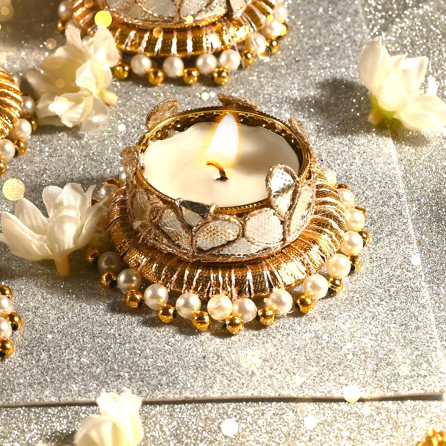 Set of 4 Jute Ring with Moti Beads T Light Candle Stand Tealight Holder Lights Festival Indian Traditional New year Decorations Lighting Accessories Wedding Home Decor(Without Wax)(Size:-4")(Golden)