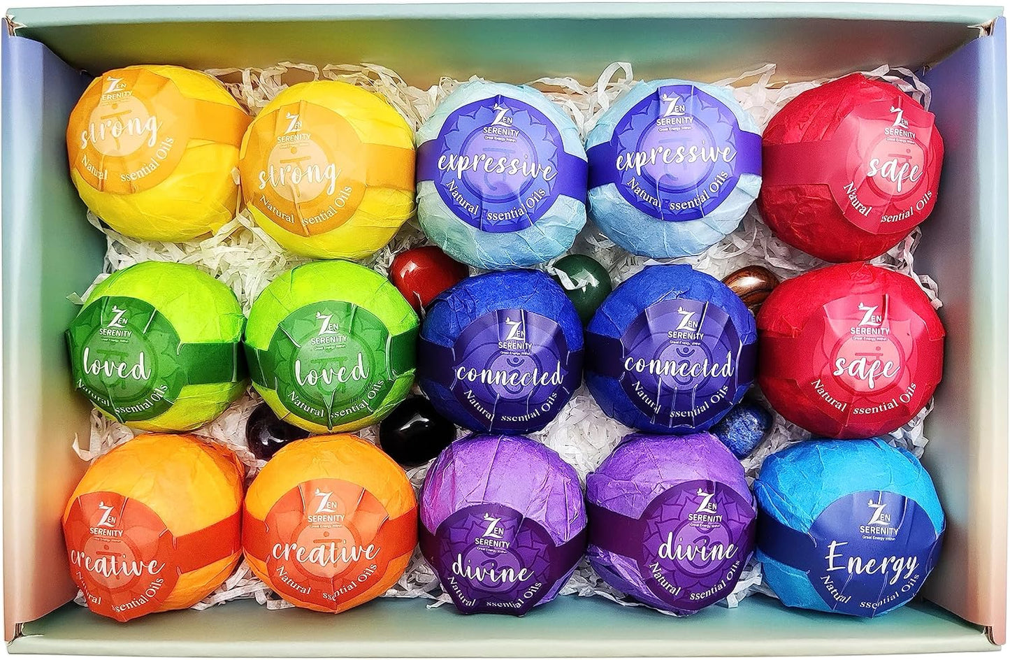 Chakra Healing Gemstones Bath Bombs. 15 Essential Oil Bath Bombs. Real Chakra Stones Bath Bombs for Adults. Perfect for Yoga Lovers. Meditation, Balancing, Positive Energy, Sleep, Reiki & Yoga Lovers