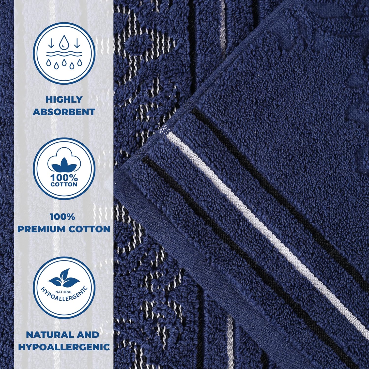 Superior Cotton 3 Piece Towel Set, Includes 1 Bath, 1 Hand, 1 Washcloth/Face Towel, Quick Dry, Home Essentials, Shower, Spa, Luxury Plush Soft Absorbent Towels, Zero Twist, Jacquard Floral, Navy Blue