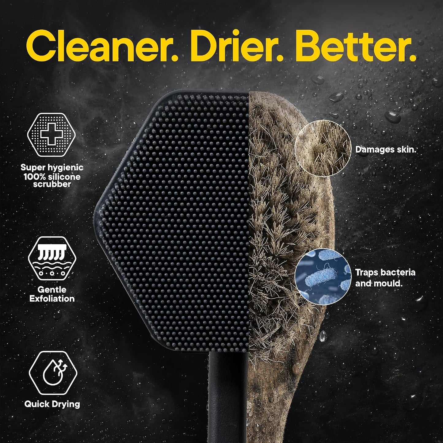 TOOLETRIES Silicone Back Scrubber for Shower, Exfoliating Body & Bath Brush, Long Ergonomic Handle, Non-Slip Grip for Hard-to-Reach Areas, Hygienic Silicone Bath Accessory for Men & Women - Charcoal