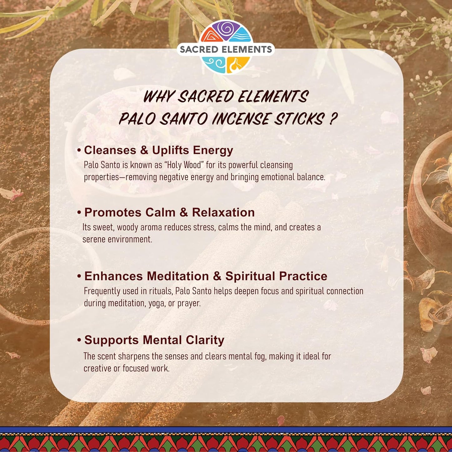 Sacred Element Organic Incense Sticks – Organic Scented Incense Sticks for Meditation, Yoga, Aromatherapy, Relaxation & Home Fragrance (10 Sticks, Palo Santo)