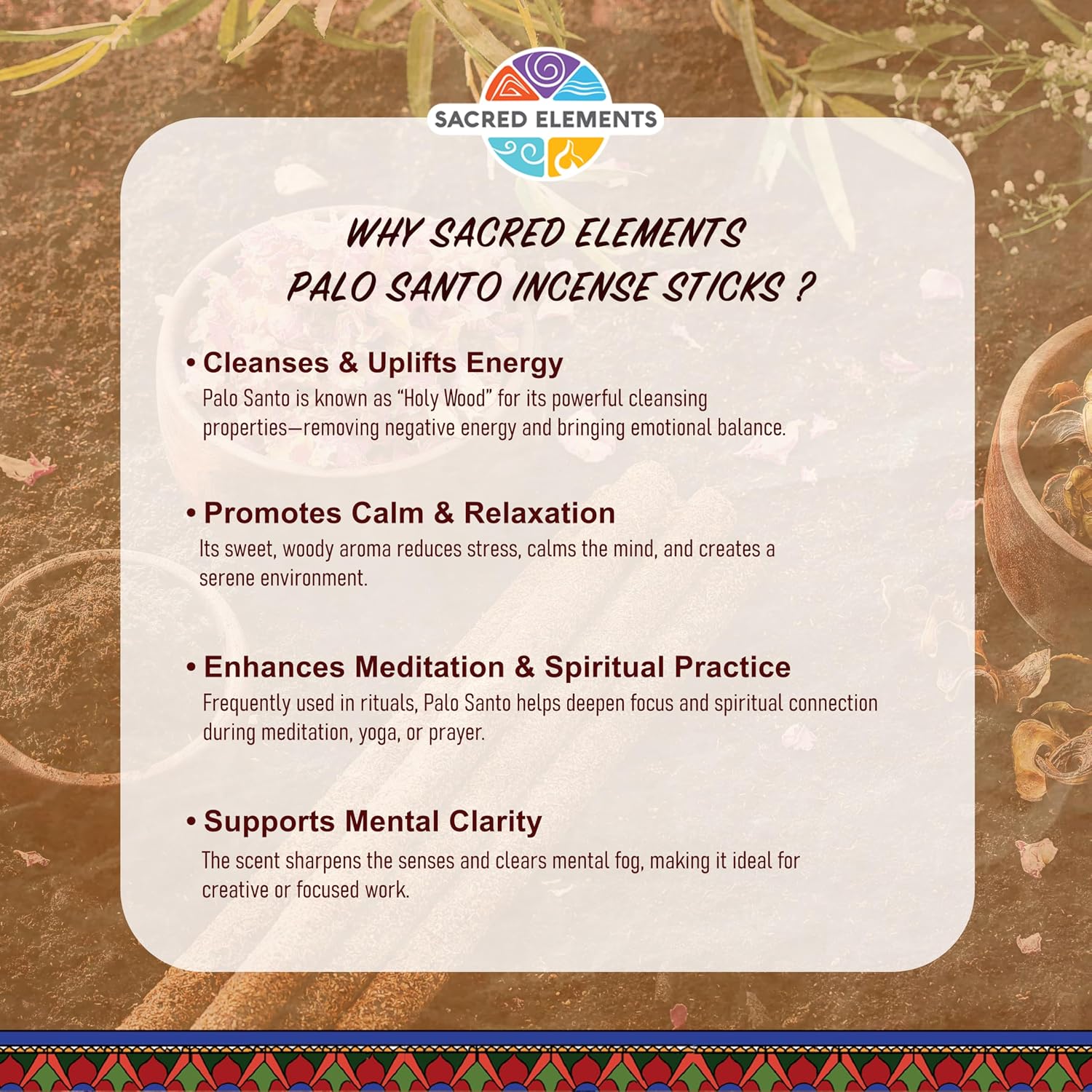 Sacred Element Organic Incense Sticks – Organic Scented Incense Sticks for Meditation, Yoga, Aromatherapy, Relaxation & Home Fragrance (10 Sticks, Palo Santo)