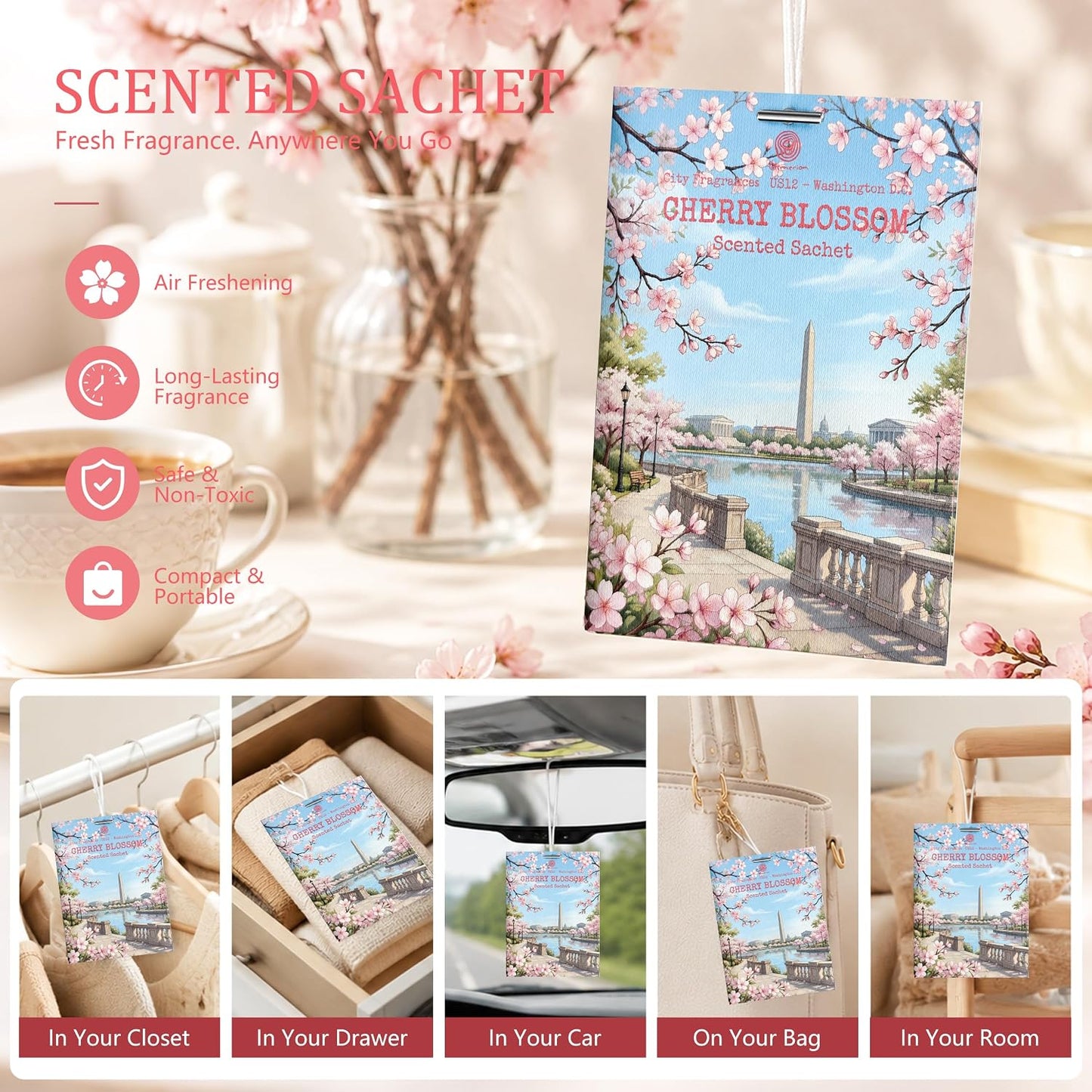 US12-Washington D.C. Cherry Blossom Sachets for Drawers & Closets, 12 Pack | Car Air Freshener sachets with D.C. Cherry Blossom scent. Freshens closets, drawers, cars and small spaces.