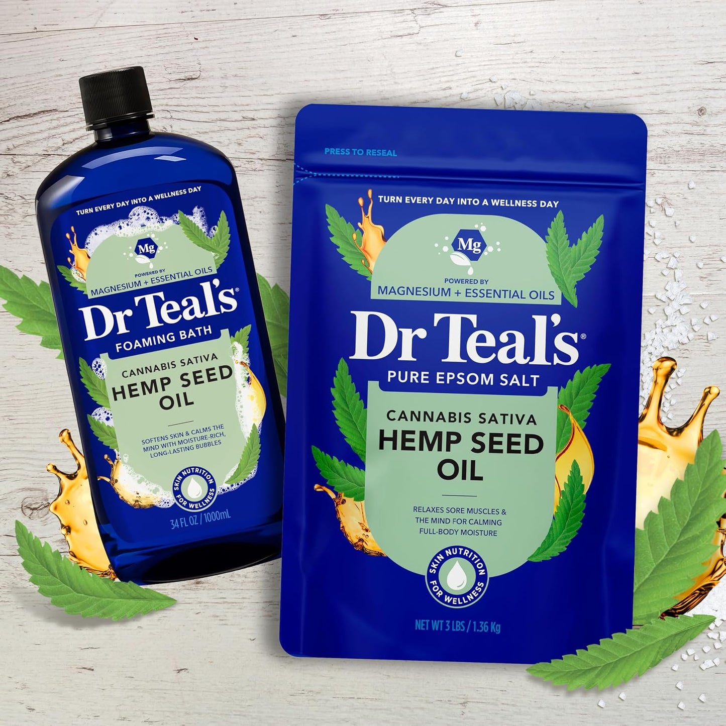 Dr Teal's Pure Epsom Magnesium Salt Soak, Cannabis Sativa Hemp Seed Oil, 3 lb
