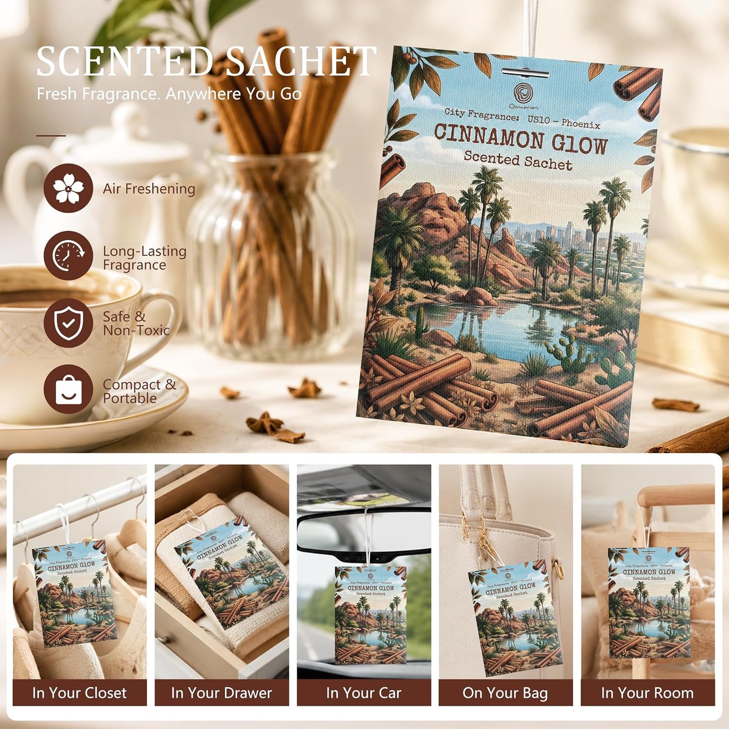 US10-Phoenix Cinnamon Glow Sachets for Drawers, Closets & Cars, 12 Pack | Car Air Freshener sachets with Phoenix Cinnamon Glow scent. Freshens closets, drawers, cars and small spaces.