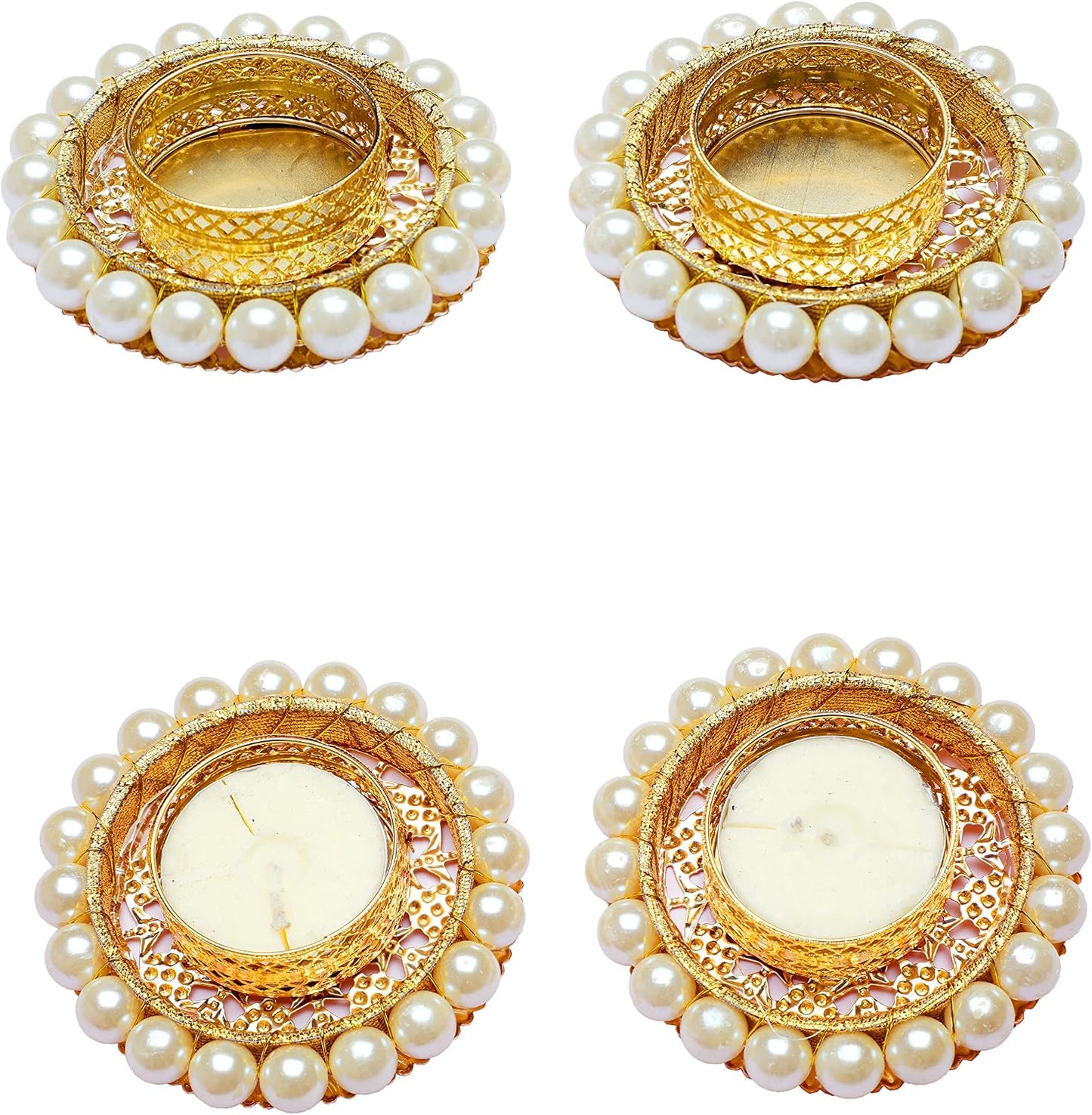 Set of 4 Pearl Moti Design T Light Holder Candle Stand Tealight T-Light Holder for Indian Festival Gifts New year Gifts Lighting Accessories Wedding Home Decor(Size:-3")(Without Wax)(White)