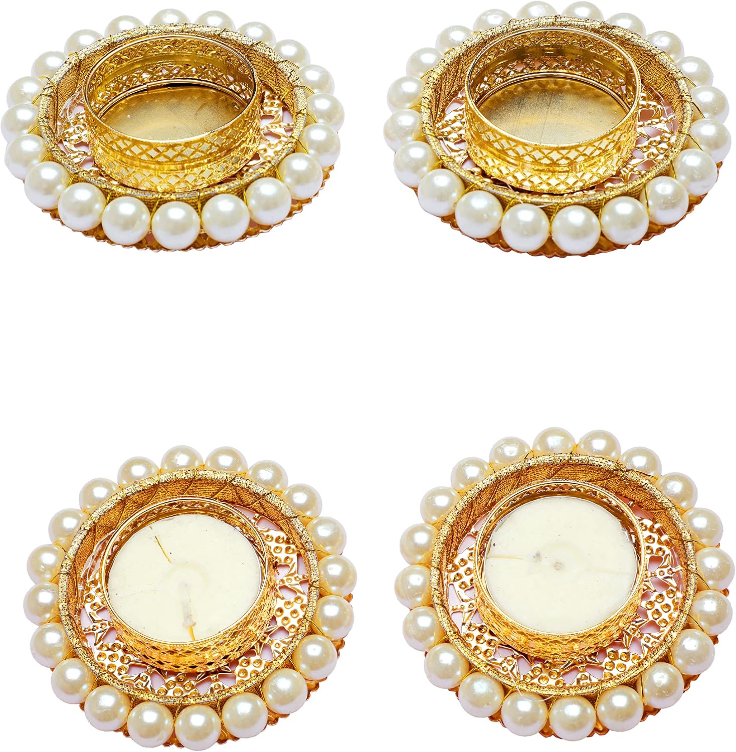 Set of 4 Pearl Moti Design T Light Holder Candle Stand Tealight T-Light Holder for Indian Festival Gifts New year Gifts Lighting Accessories Wedding Home Decor(Size:-3")(Without Wax)(White)