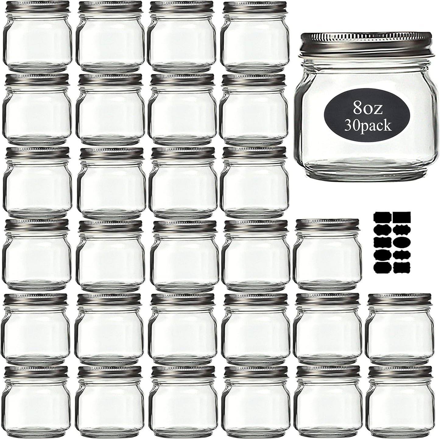 Mason Jars 8 oz 30 Pack- Small Mason Jars With Silver Lids -1/4 Quart Canning Jars| Storage Glass Jars With Lids For Jelly, Jam, Honey, Pickles - Spice Glass Jars - With 30 Chalkboard Labels