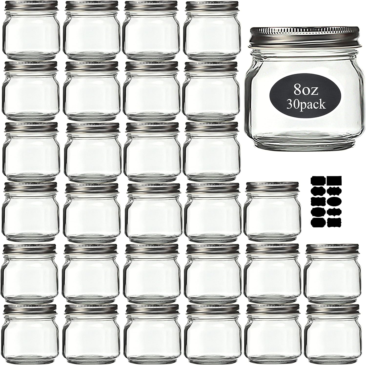 Mason Jars 8 oz 30 Pack- Small Mason Jars With Silver Lids -1/4 Quart Canning Jars| Storage Glass Jars With Lids For Jelly, Jam, Honey, Pickles - Spice Glass Jars - With 30 Chalkboard Labels