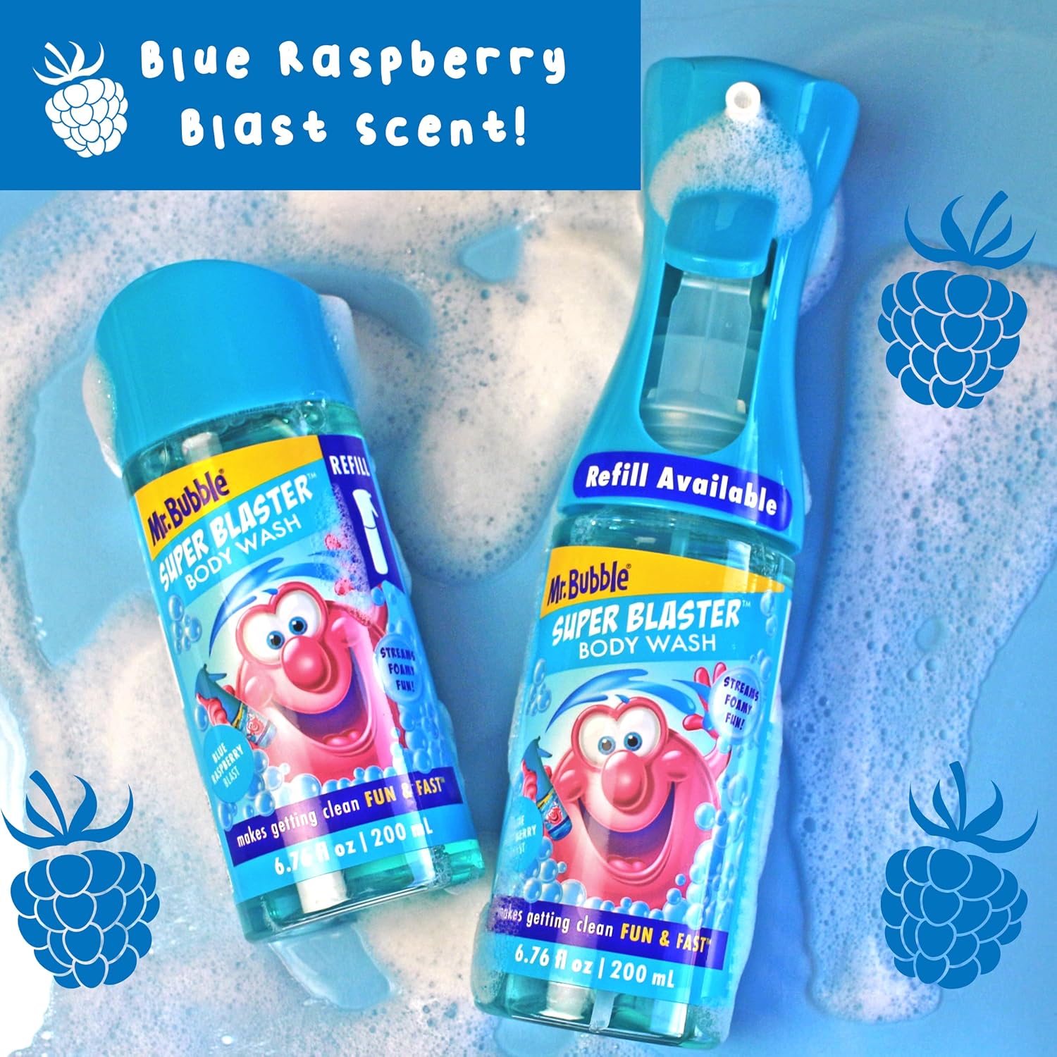 Mr. Bubble Super Blaster Body Wash, Blue Raspberry Blast Scent, Fun Body Wash Sprayer for Kids Shower and Bath, 6.76 fl oz