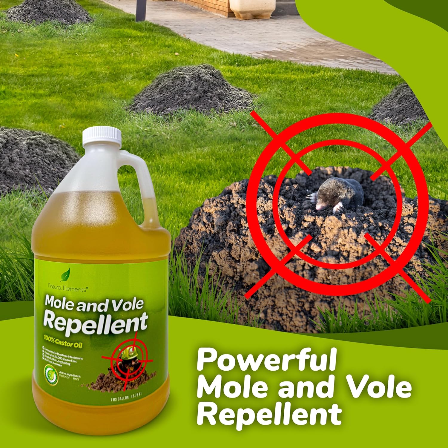Natural Elements Mole and Vole Repellent – 100% Castor Oil Formula – Lawn and Yard Treatment – Covers Large Areas – 128 oz (1 Gallon)