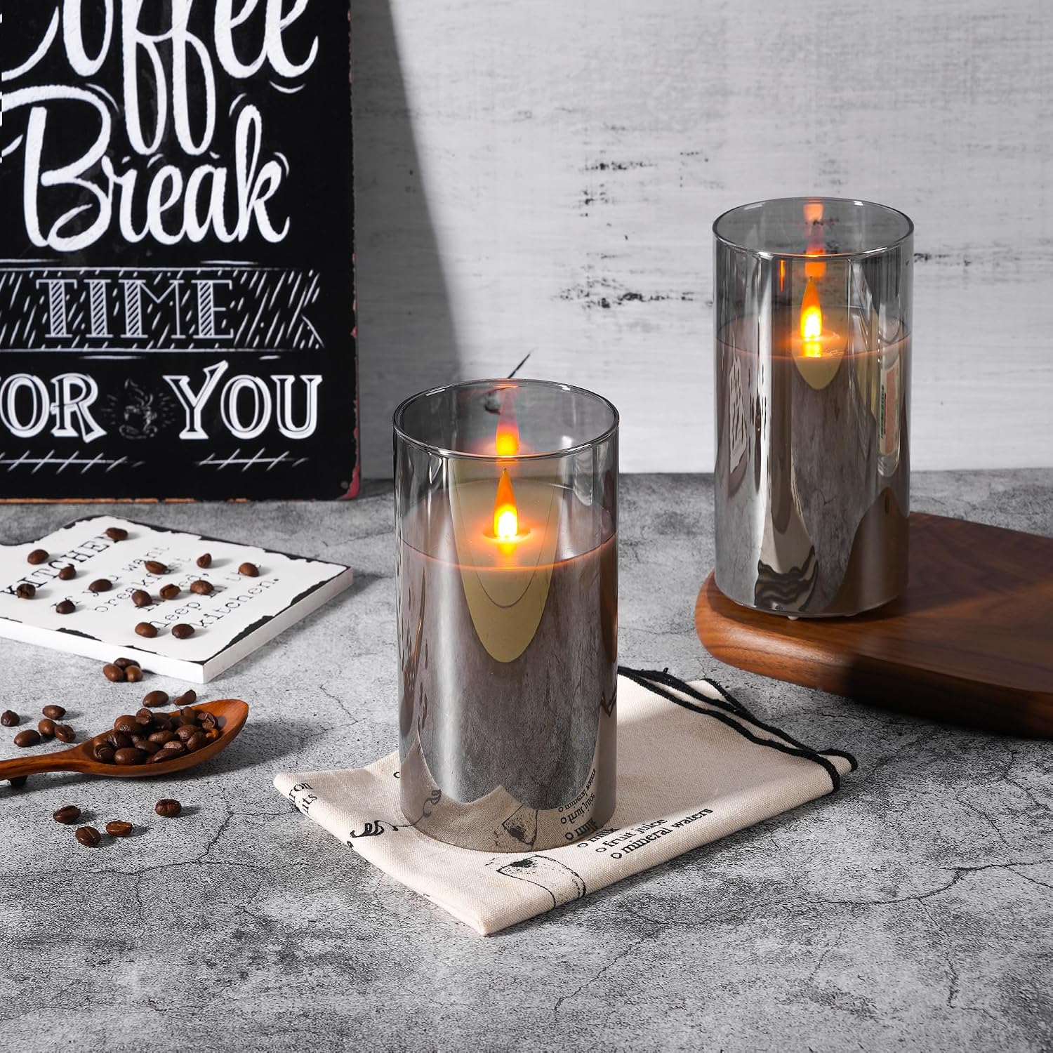 Rechargeable Flickering flameless Candles, USB Rechargeable Candles, Acrylic LED Pillar Candles, with Remote Control Timer, Gray (2-piece Set) for Home and Holiday Decoration