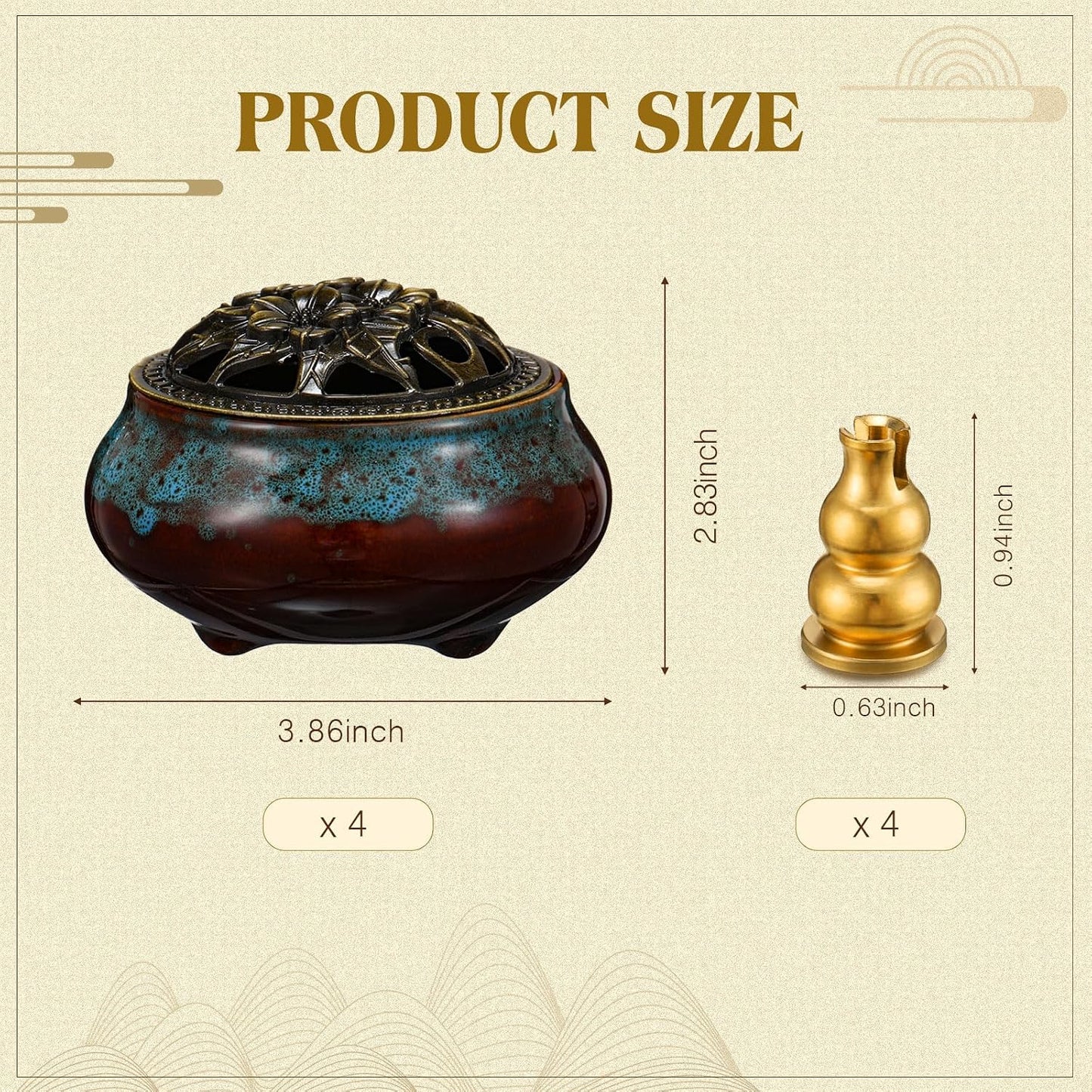Maxcheck 4 Pcs Ceramic Incense Burner with Copper Lid Metal Incense Holder Lotus Cone Burner for Sandalwood Palo Santo Sage Cones Meditation Yoga Spa Gifts Room Decor(Blue)