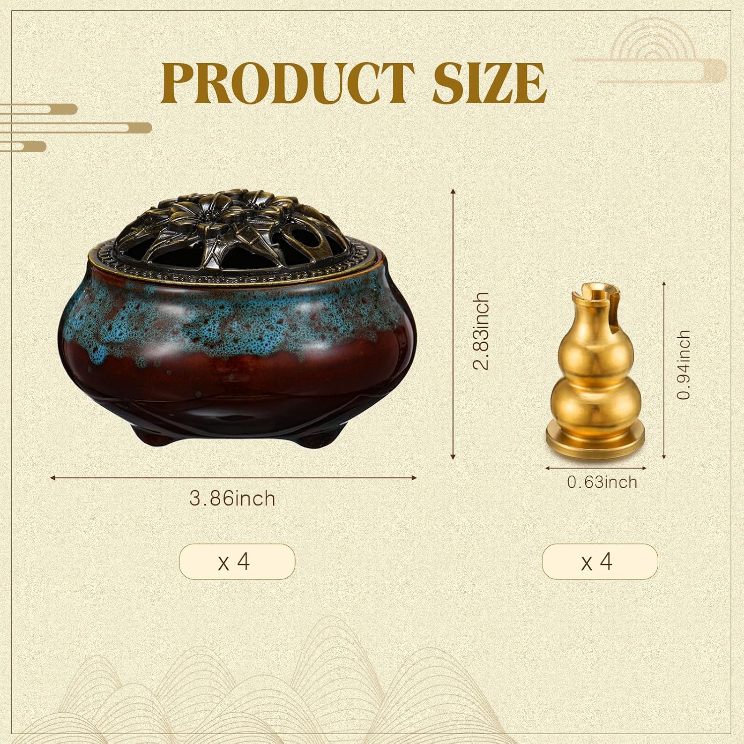 Maxcheck 4 Pcs Ceramic Incense Burner with Copper Lid Metal Incense Holder Lotus Cone Burner for Sandalwood Palo Santo Sage Cones Meditation Yoga Spa Gifts Room Decor(Blue)