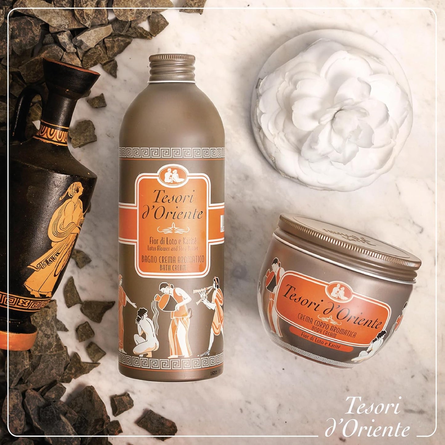 Tesori d'Oriente: "Fior Di Loto e Karité" ("Lotus Flower and Shea Butter") Bath Cream - 16.9 Fluid Ounces (500ml) Bottle [ Italian Import ]