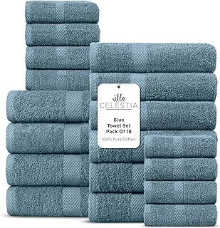 100% Cotton Bath Towel Set of 18-4 Bath Towels, 6 Hand Towels, 8 Wash Cloths, Sustainable, Soft, Highly Absorbent, Combed Cotton 18 Piece Set for Hotels, Spa, Bathroom, Dorm, Blue
