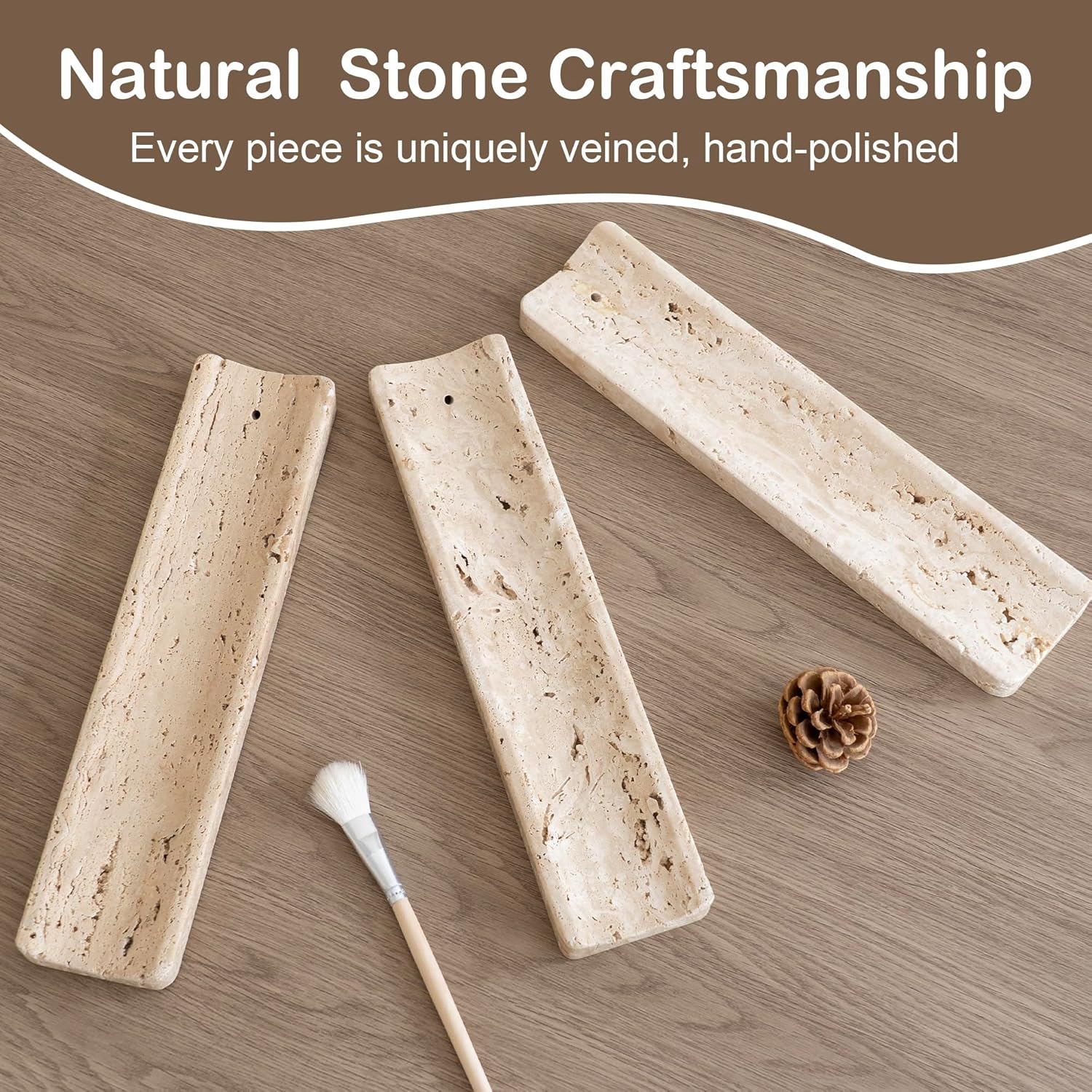 Marble Incense Holder Burner-Natural Stone Stick Incense Tray with Ash Catcher，20 Sticks & Brush - Elegant Decor for Meditation, Yoga, Home,Gift(Beige Travertine)