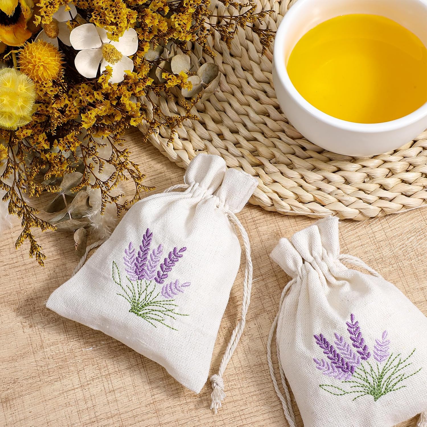 10PCS Small Sachet Bags,Sachet Bags Empty for Lavender with Drawstring, Embroidered Canvas Empty Sachets Bag, for Spices, Jewelry, Candy, Lavender Buds, White
