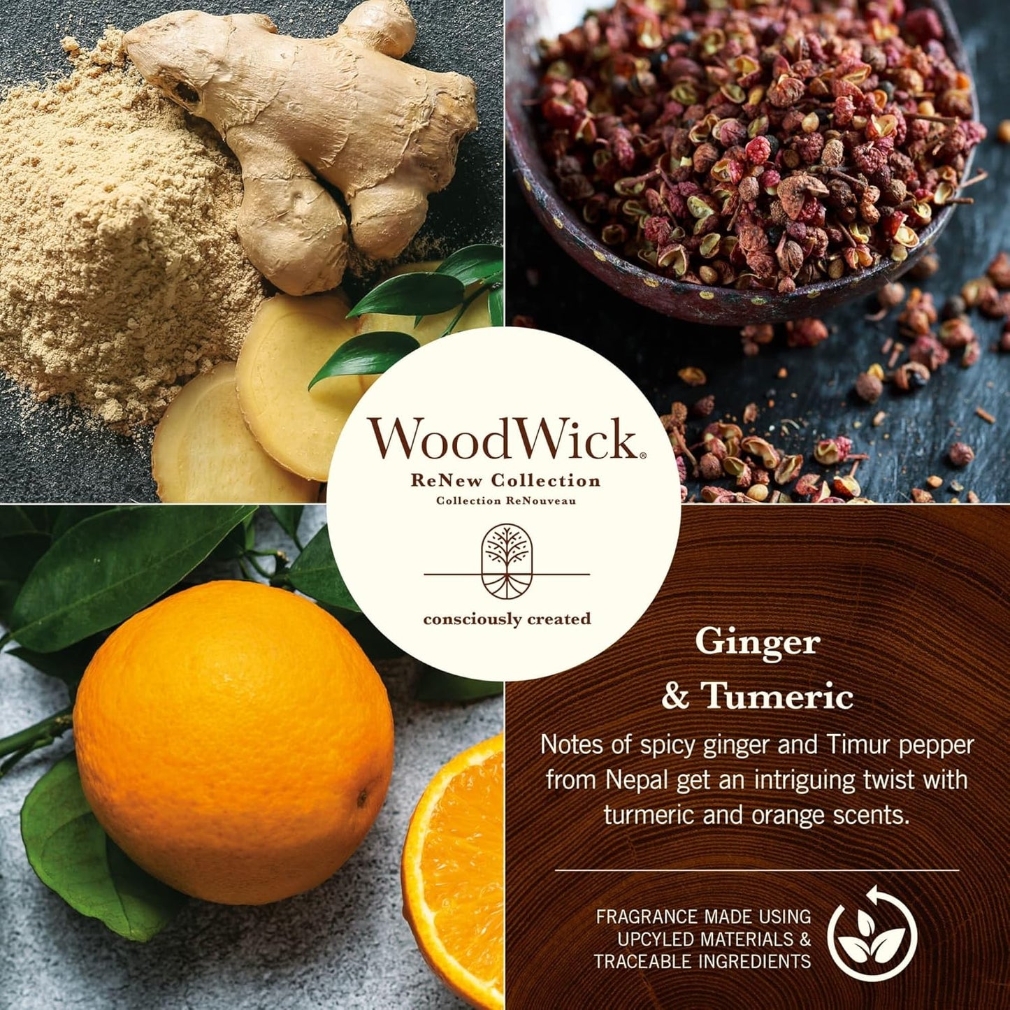 WoodWick Ginger & Turmeric Gifts for Women and Men, 6 oz. Renew Medium Candle with Crackling Wick
