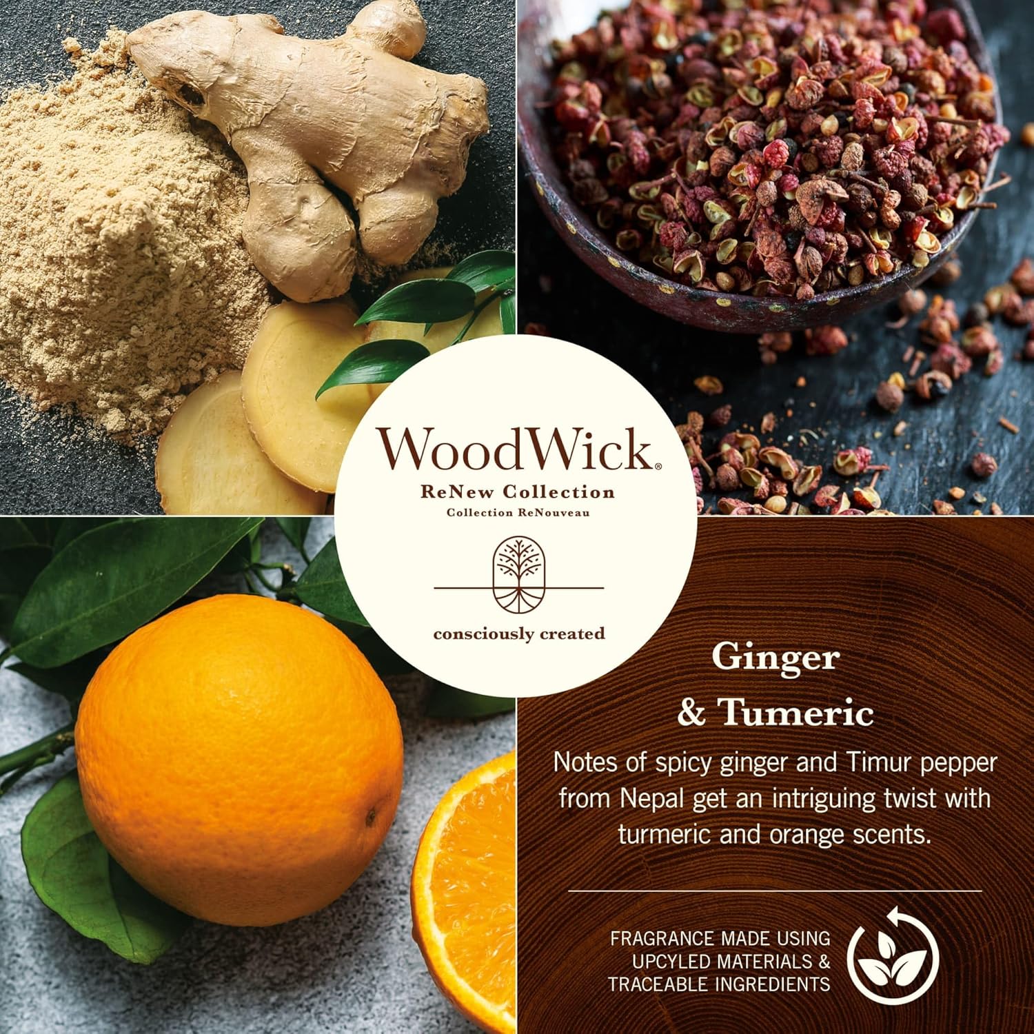 WoodWick Ginger & Turmeric Gifts for Women and Men, 6 oz. Renew Medium Candle with Crackling Wick