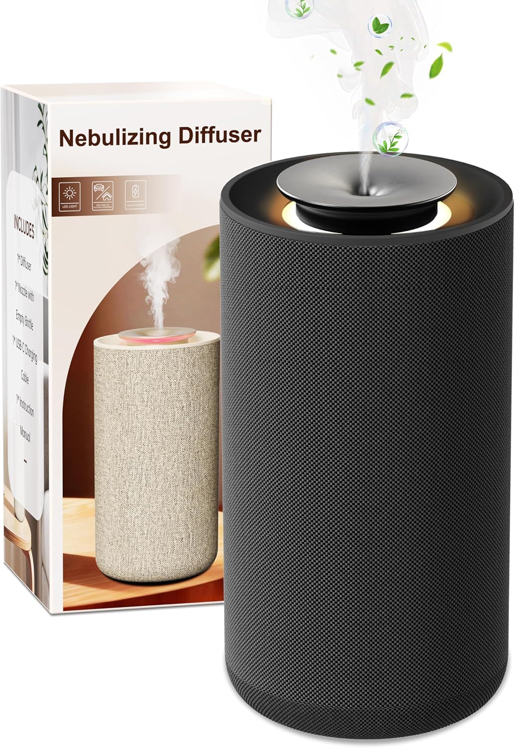 Waterless Essential Oil Diffuser for Home & Car,Fabric Covered with Ambient Light,2-in-1 Modes & Adjustable Mist Output,Cordless Portable Scent Machine with Auto Start-Stop,Fits 5/10/15ml