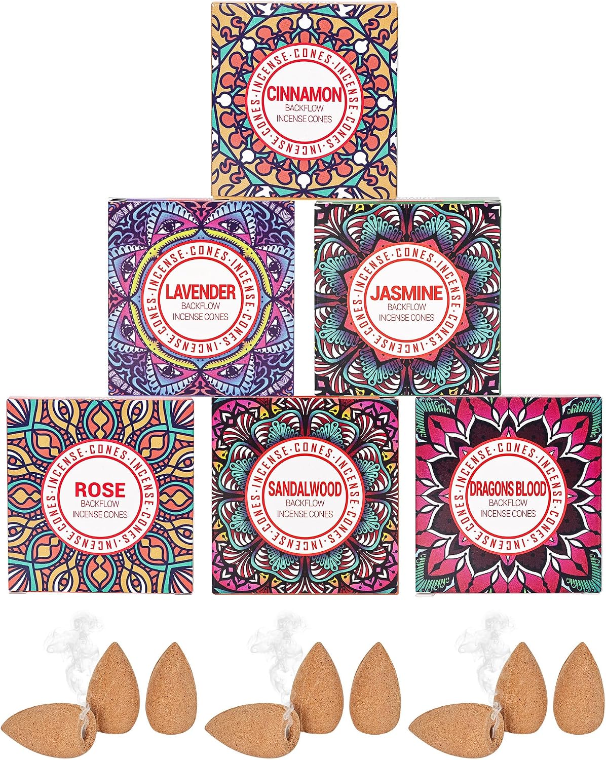Backflow Incense Cones - Set of 6 Natural Scents - Sandalwood, Lavender, Jasmine, Cinnamon, Rose, Dragons Blood for Purification, Relaxation, Yoga, Meditation