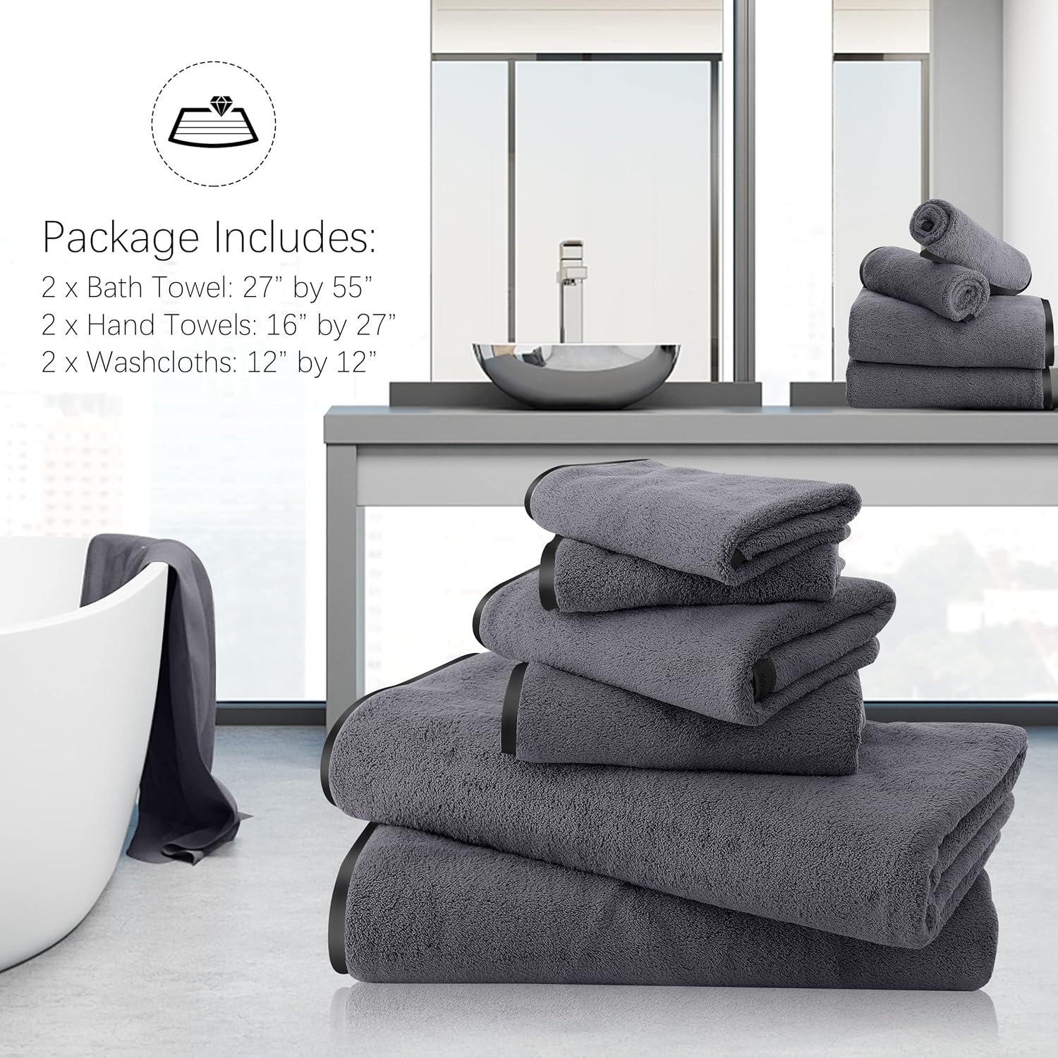 TENSTARS Luxury Silk Hemming Towel Set - Light Thin Quick Drying - 2 Bath Towels 2 Hand Towels 2 Washcloths - Ultra Soft Microfiber, for Bath Fitness, Sports, Yoga, Travel (Dark Grey 6 Pieces)