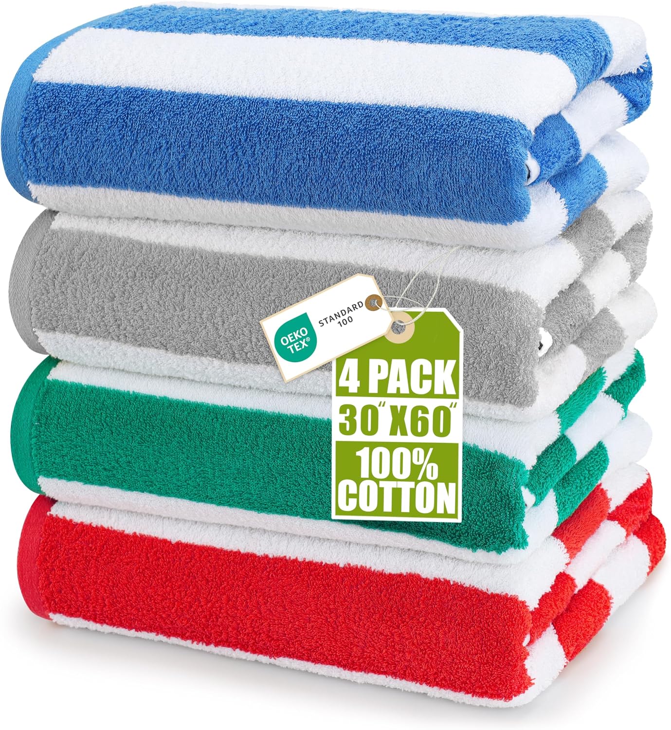 Utopia Towels Pack of 4 Cabana Beach Towels, Oversized 30 x 60 Inches Cotton Beach Towel Set, Smooth Ring Spun Texture for Pool and Swim Days, Modern Striped Design Bath Towels