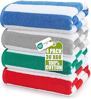 Utopia Towels Pack of 4 Cabana Beach Towels, Oversized 30 x 60 Inches Cotton Beach Towel Set, Smooth Ring Spun Texture for Pool and Swim Days, Modern Striped Design Bath Towels