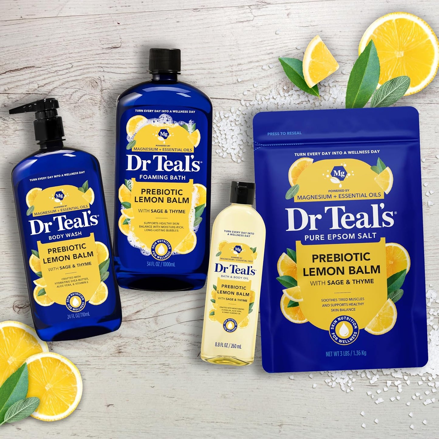 Dr Teal's Pure Epsom Magnesium Salt Soak, Prebiotic Lemon Balm & Essential Oil, 3 lbs (Pack of 4)