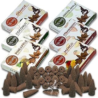 Fruity - Backflow Incense Cones for Waterfall - Scented Inscents-Cones - Pineapple, Strawberry, Coconut, Mango, Apple, Orange - Insiensos Aromaticos - 6x10=60 Large Variety Pack