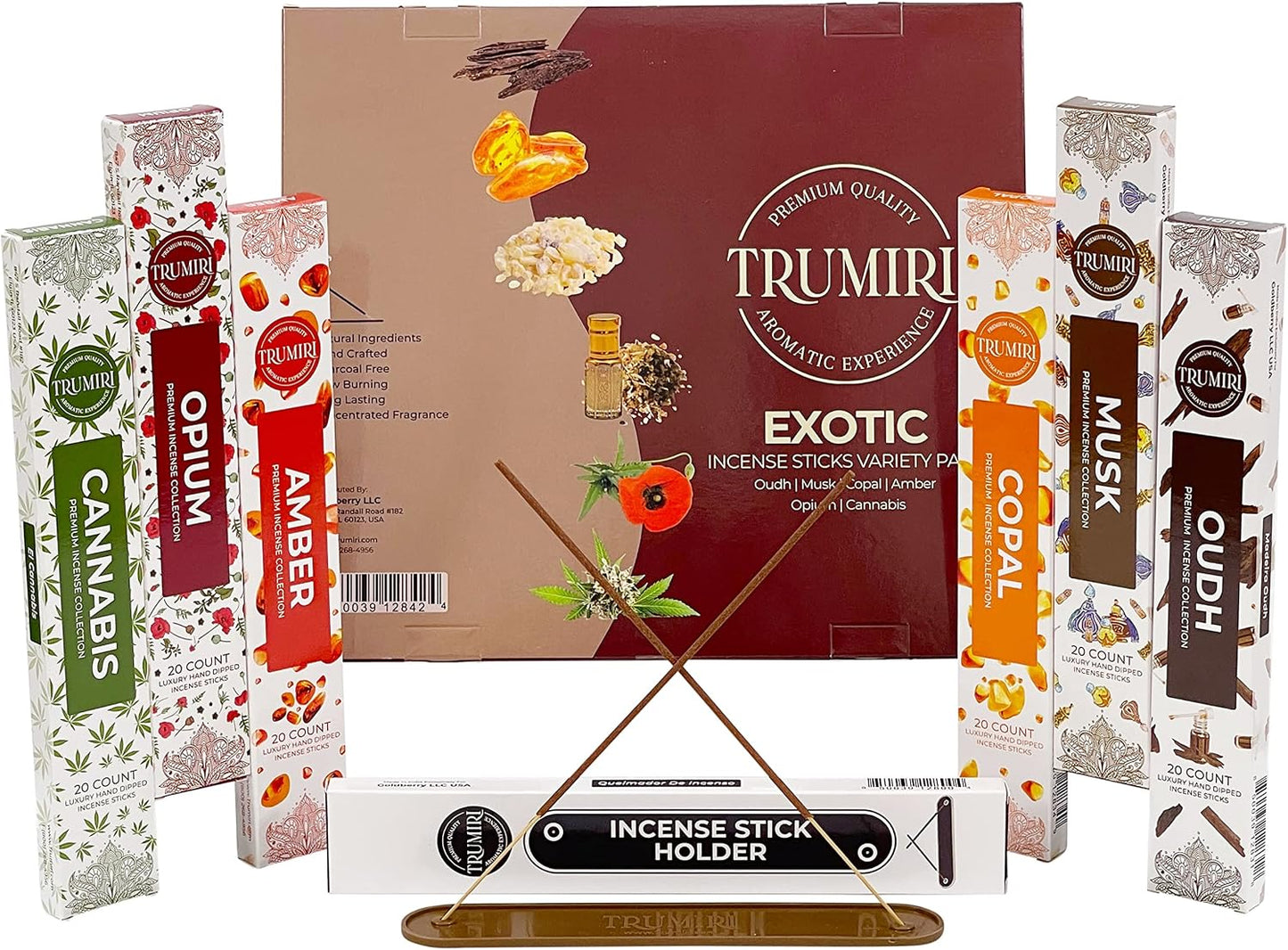 Exotic Incense Sticks Variety Pack - 120 Insence-Sticks (6 Incents x 20 Insense) - Copal Amber Oud (Agarwood) Musk - Natural Inscents-Sticks Non Toxic Incienso + Incense Holder for Men Women