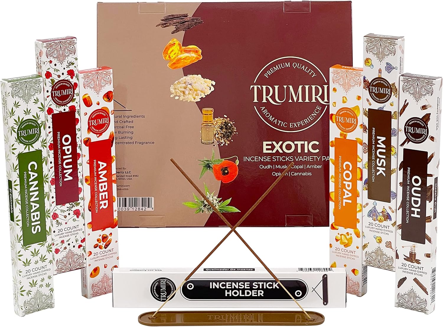 Exotic Incense Sticks Variety Pack - 120 Insence-Sticks (6 Incents x 20 Insense) - Copal Amber Oud (Agarwood) Musk - Natural Inscents-Sticks Non Toxic Incienso + Incense Holder for Men Women