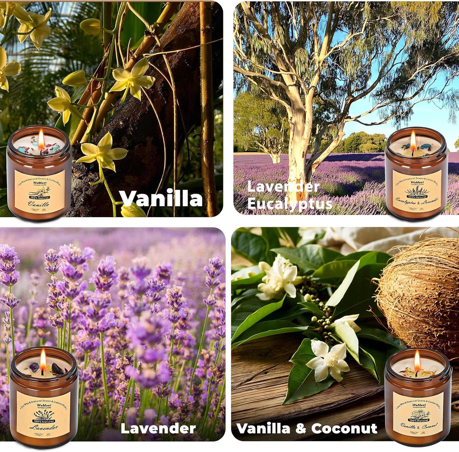 WEMEET Scented Candles Set, 4 Pack Aromatherapy Candle with Crystals, 28 oz 160 Hour Long Lasting Candle, Soy Wax Scented Candle with Dried Flowers, Gifts for Men, Women, Birthday, Mother's Day